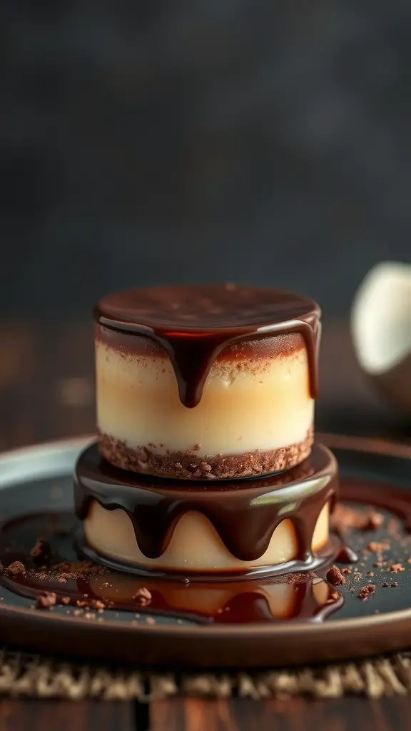 A layered chocoflan dessert with chocolate sauce drizzling down.