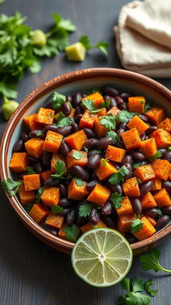 A bowl of roasted sweet potato and black bean salad with cilantro and lime.