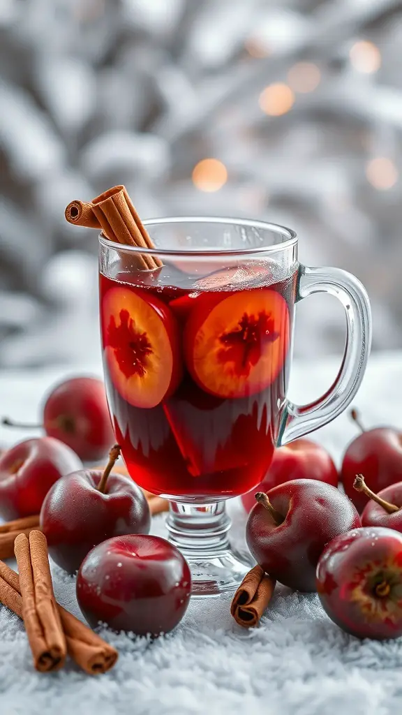 A glass of Cinnamon Plum Sangria with apples and cinnamon sticks, surrounded by fresh red apples.