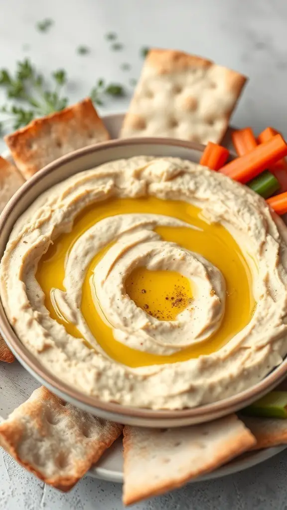 A bowl of hummus topped with olive oil and spices, surrounded by pita chips and fresh vegetables.