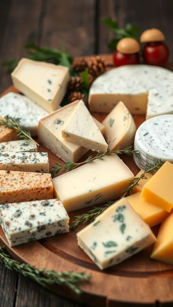 A variety of artisan cheeses arranged on a wooden board with herbs and decorative elements.