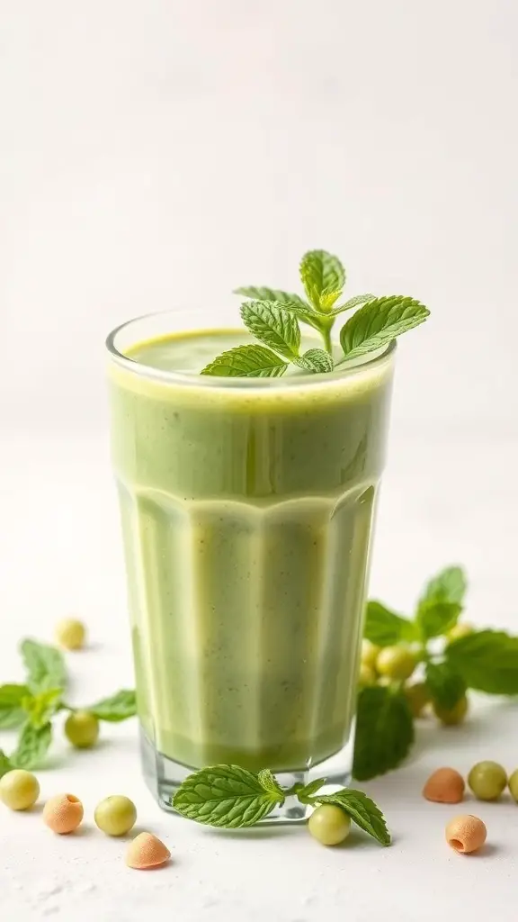 A refreshing green smoothie made with peas and mint, garnished with mint leaves, served in a glass.
