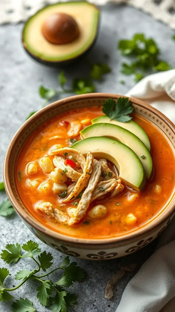 A bowl of Chicken Tortilla Soup topped with avocado slices and cilantro, with an avocado half in the background.