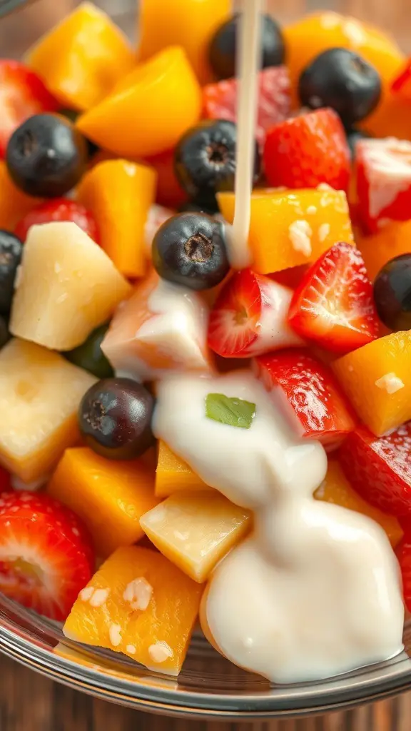A bowl of colorful fruit salad with condensed milk being poured over it.