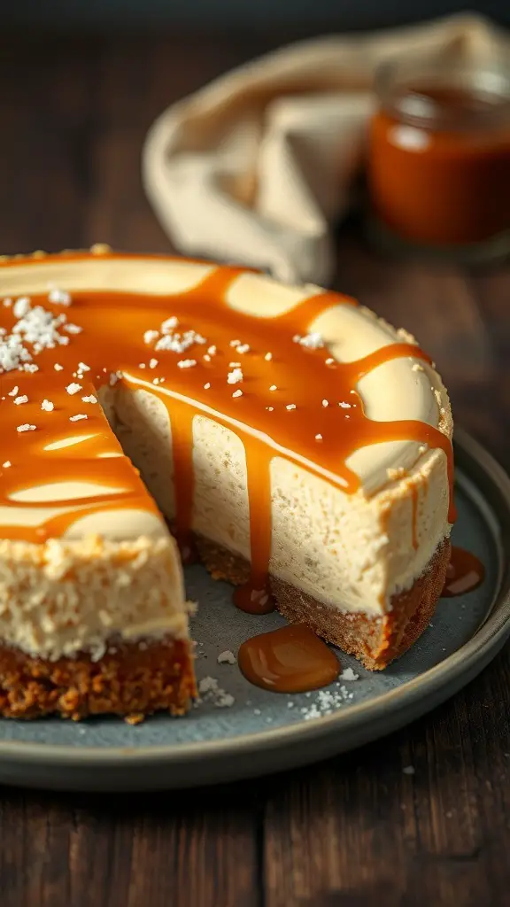 A delicious salted caramel cheesecake with a slice taken out, drizzled with caramel sauce.