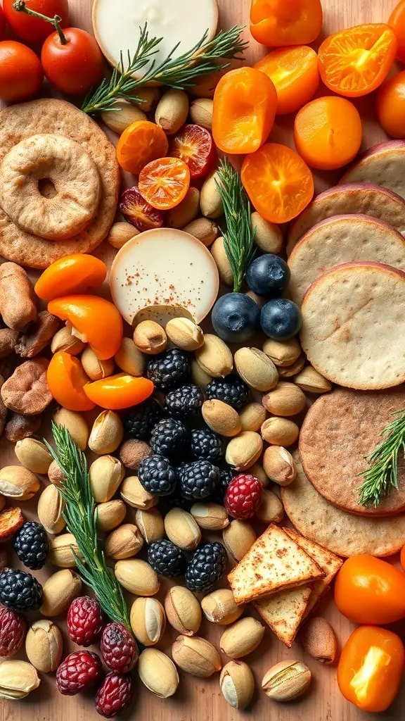 A vibrant charcuterie board featuring exotic fruits like apricots and blueberries, along with various nuts and crackers.