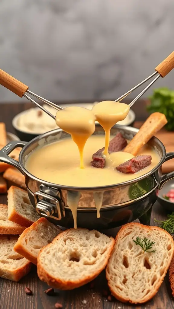 A pot of cheesy beef fondue with Gruyère cheese, surrounded by slices of bread.