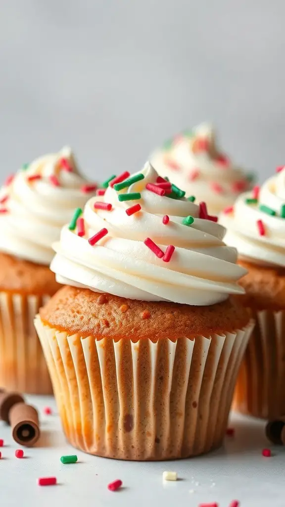 Close-up of winter spice cupcakes topped with cream cheese frosting and colorful sprinkles.
