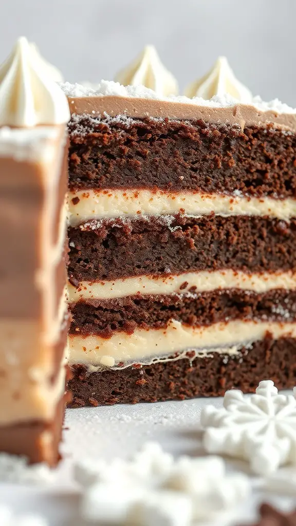 A layered chocolate and vanilla cake with snowflake decorations