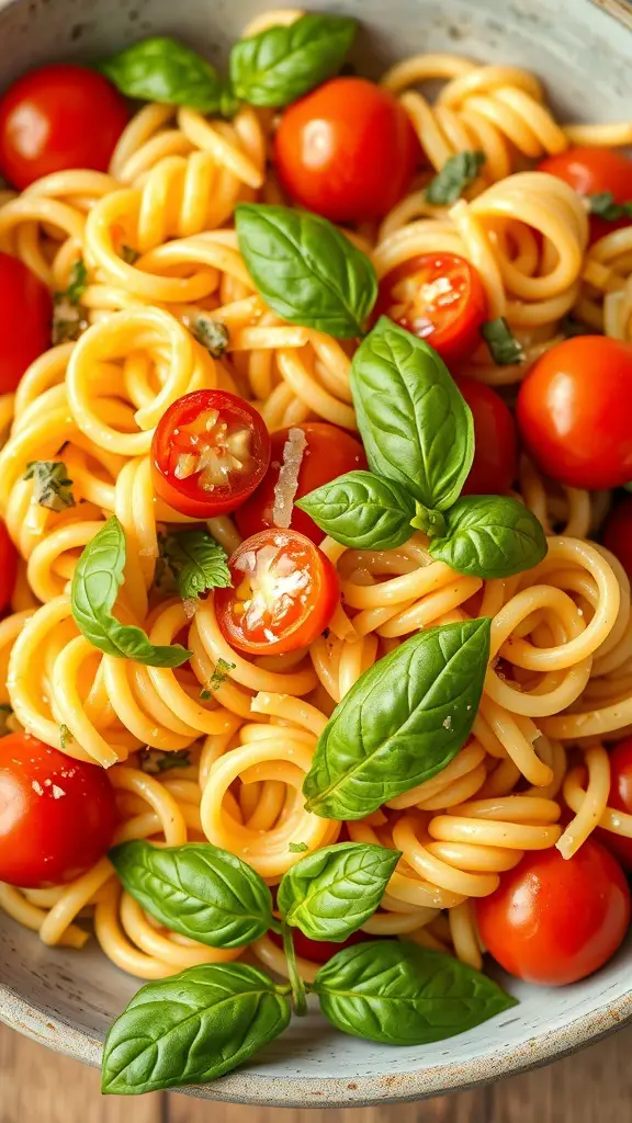 A bowl of pasta salad with cherry tomatoes and fresh basil leaves.