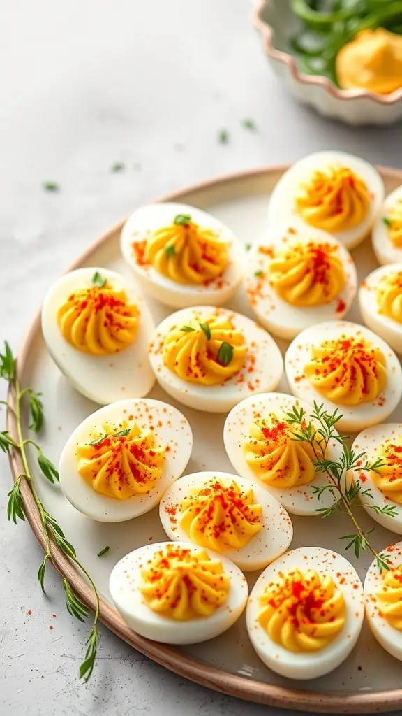 A platter of classic deviled eggs topped with paprika, garnished with herbs.