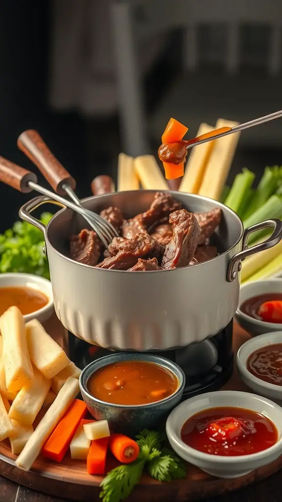A pot of beef fondue surrounded by fresh vegetables and dipping sauces.