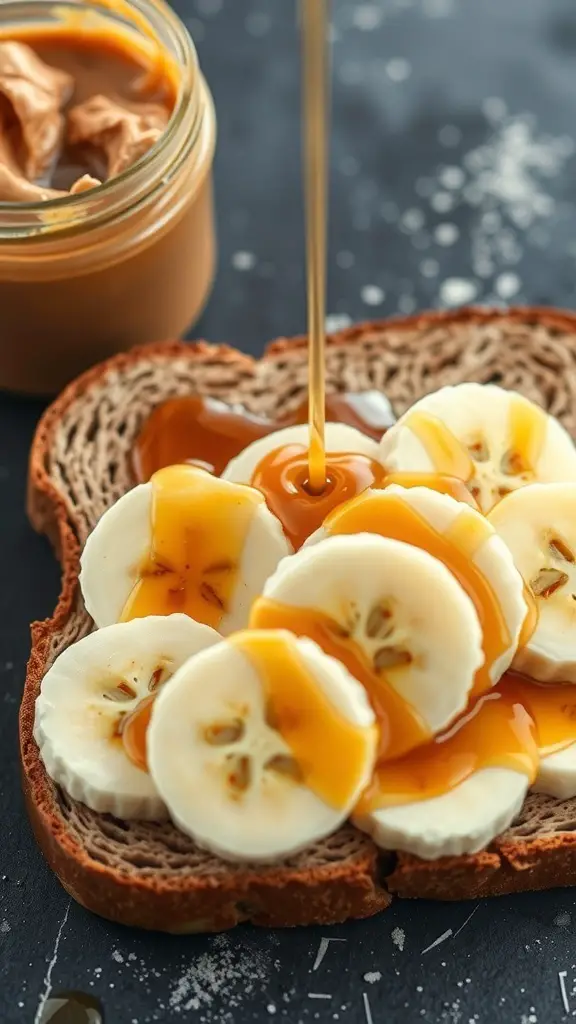A delicious peanut butter and banana sandwich topped with syrup on a slice of bread.