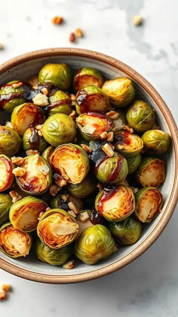 A bowl of roasted Brussels sprouts drizzled with balsamic glaze and topped with chopped nuts.