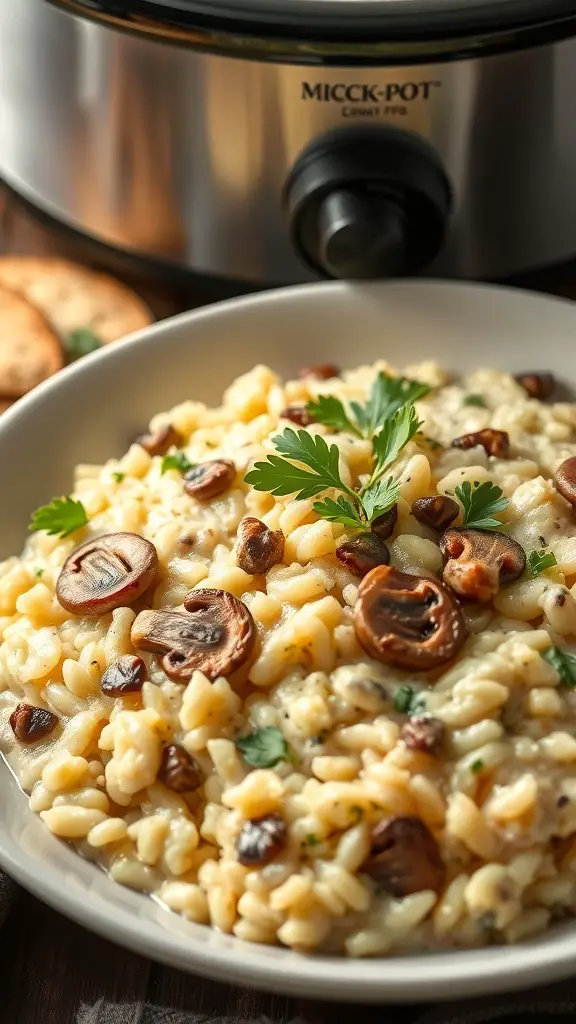 A bowl of creamy mushroom risotto with Parmesan, garnished with parsley, next to a crockpot.