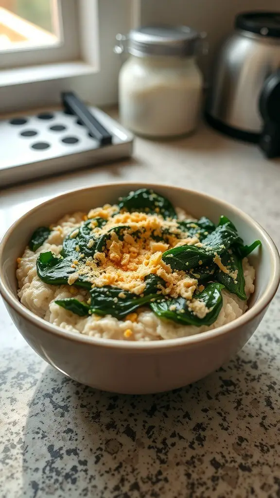 Bowl of savory oatmeal topped with spinach and nutritional yeast, with a kitchen background.