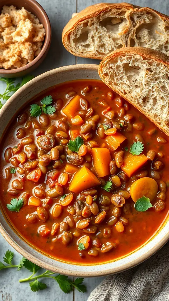 A bowl of lentil and vegetable stew with bread on the side.