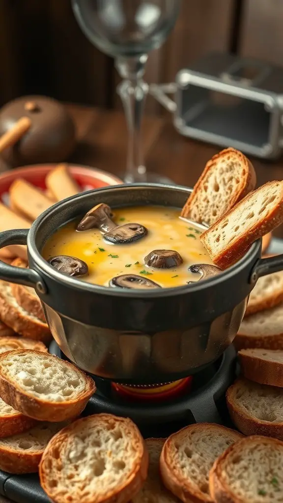 A pot of mushroom and truffle oil fondue surrounded by slices of bread.