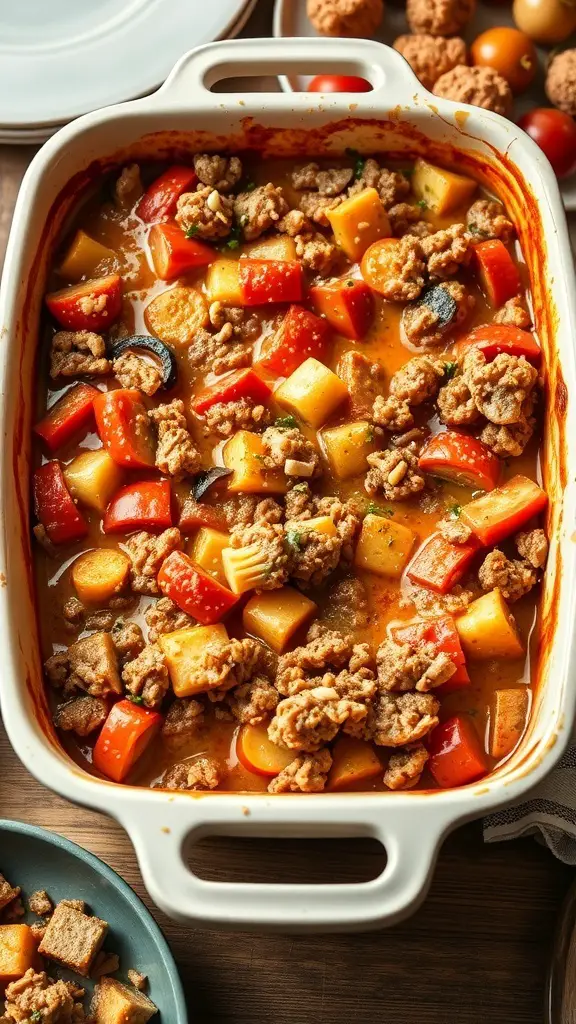 A hearty casserole dish filled with colorful vegetables and meat, ready for a potluck party.