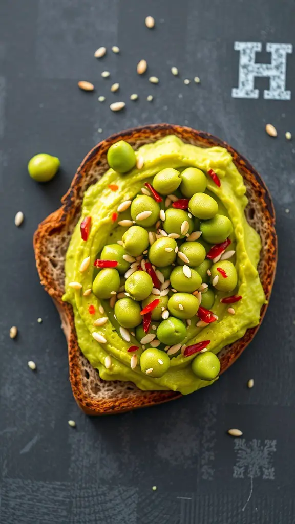 A slice of whole-grain bread topped with mashed avocado, edamame, sesame seeds, and red chili flakes.