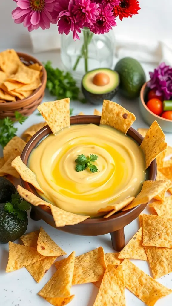 A bowl of creamy avocado and lime fondue surrounded by tortilla chips and fresh ingredients.