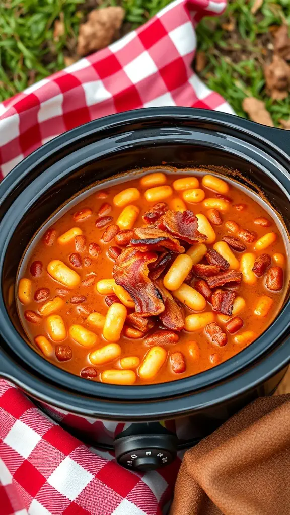 A close-up of sweet and spicy baked beans in a black crockpot, topped with crispy bacon, on a picnic-style tablecloth.