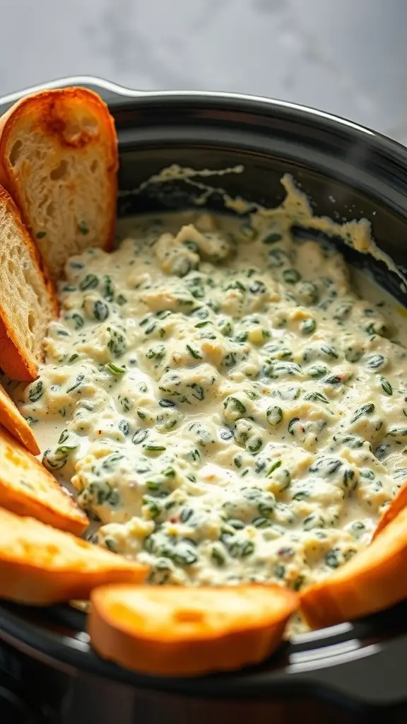 Crockpot Cheesy Spinach Artichoke Dip with toasted bread slices