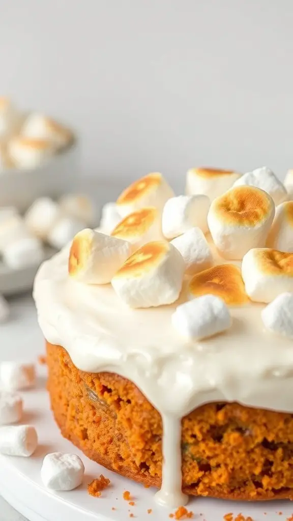 A delicious sweet potato cake topped with marshmallow frosting and toasted marshmallows.