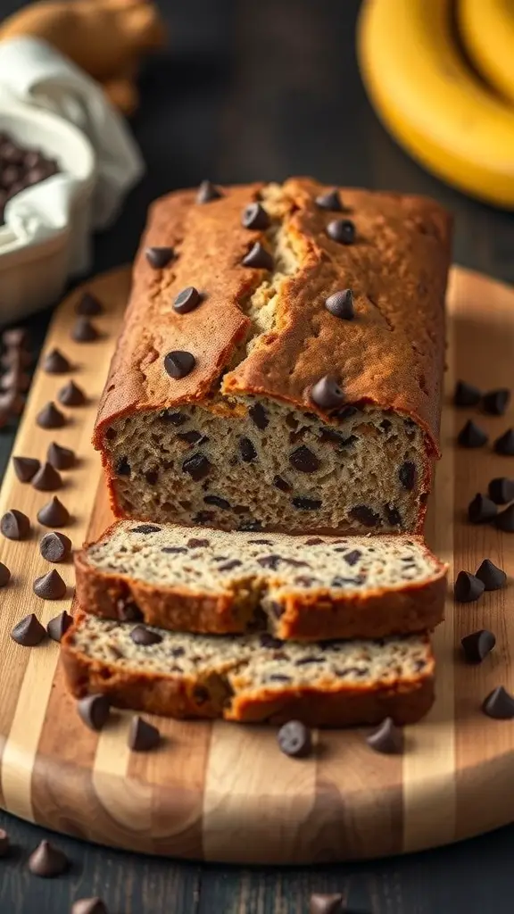 A loaf of chocolate chip banana bread sliced on a wooden cutting board, surrounded by chocolate chips.