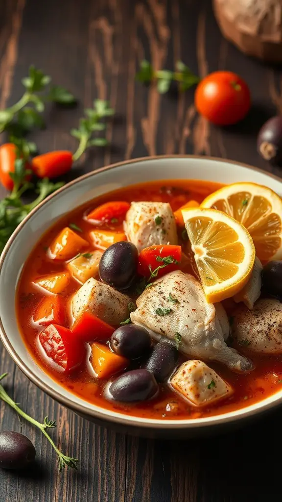 A bowl of Mediterranean chicken soup with colorful vegetables and lemon slices.