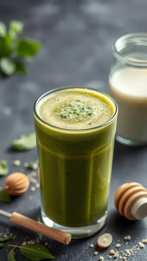 A glass of matcha green tea smoothie with honey and milk in the background