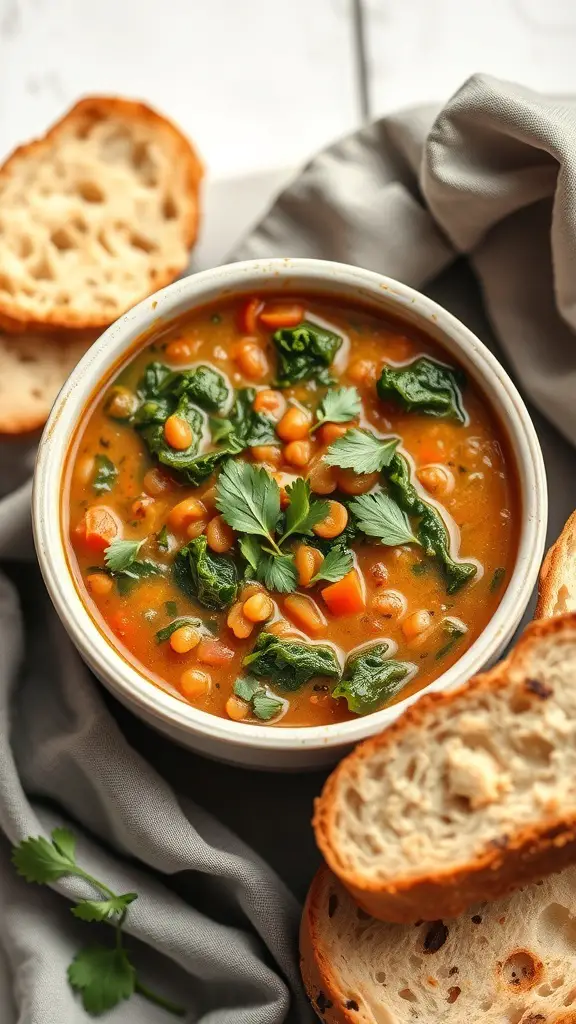 A bowl of spicy lentil soup with kale, garnished with cilantro, next to slices of bread.