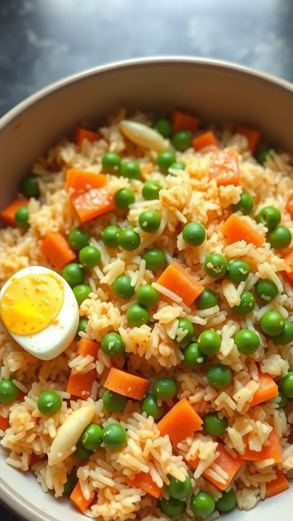 A bowl of vegetable fried rice with peas, carrots, and a boiled egg on top.