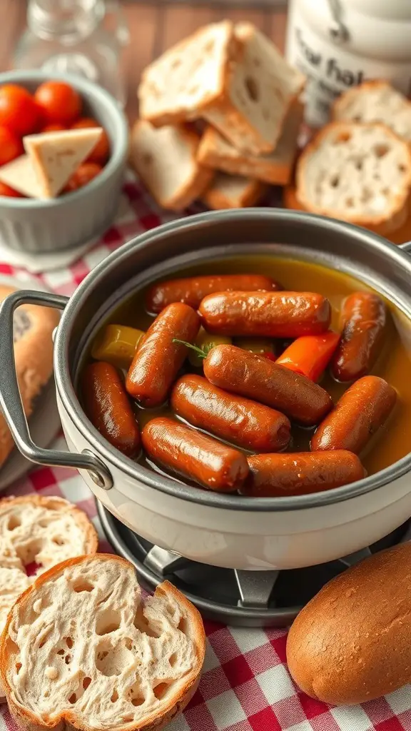 A pot of Italian sausage and peppers fondue with bread and tomatoes on the side.