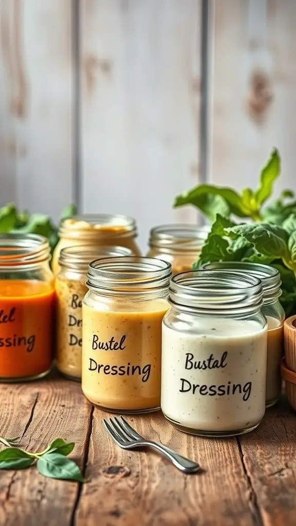 A selection of salad dressings in jars on a wooden table with fresh greens.
