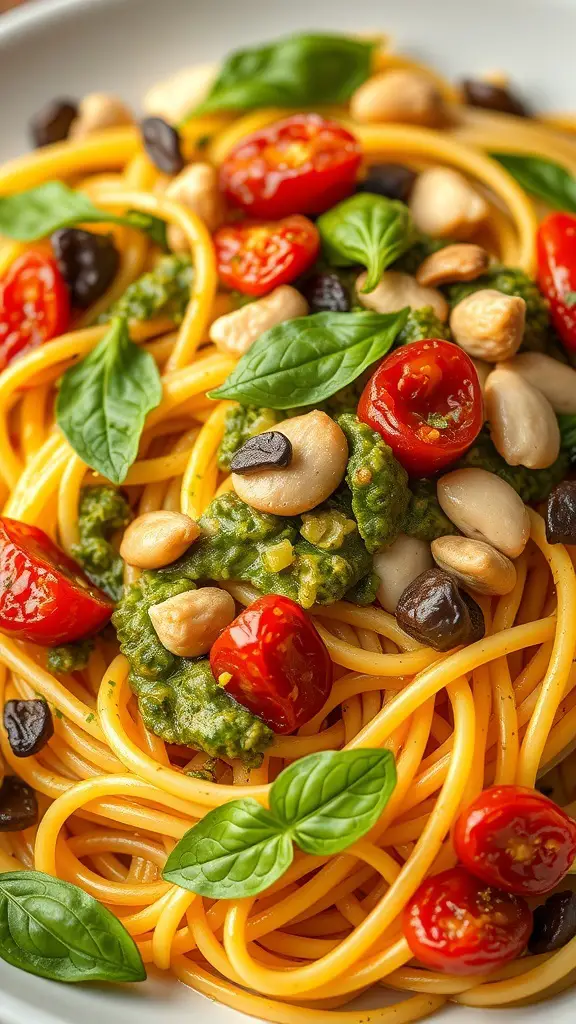 A plate of spaghetti topped with pesto, sun-dried tomatoes, and nuts.