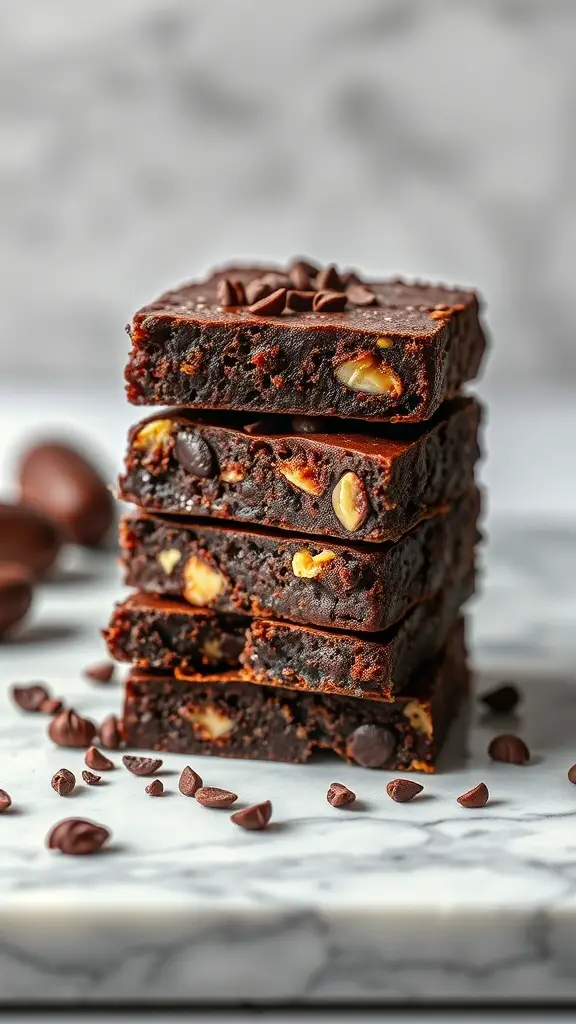 A stack of raw vegan brownies with chocolate chips and nuts on a marble surface.