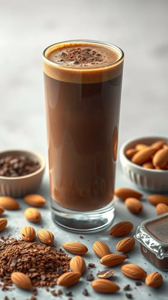 A glass of chocolate almond butter smoothie surrounded by almonds and cocoa powder
