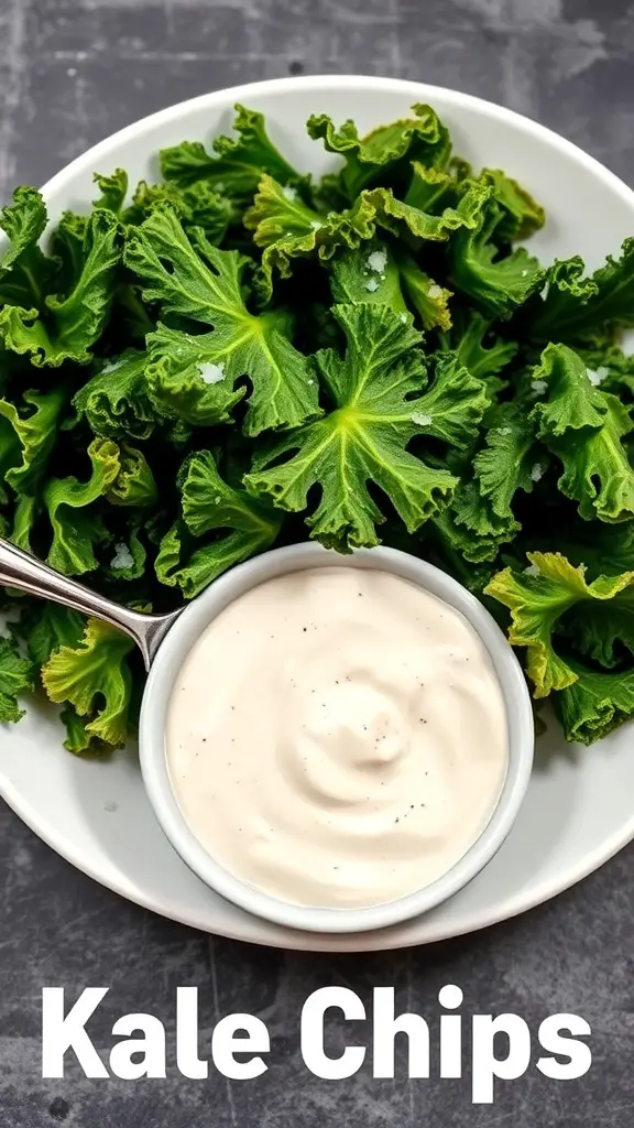 A bowl of fresh kale leaves with a small bowl of creamy dip