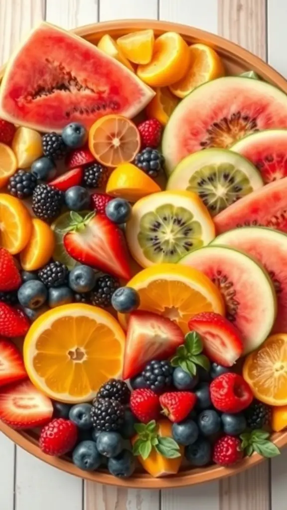 A vibrant assortment of fresh fruits including watermelon, strawberries, blueberries, oranges, and kiwi arranged on a platter.