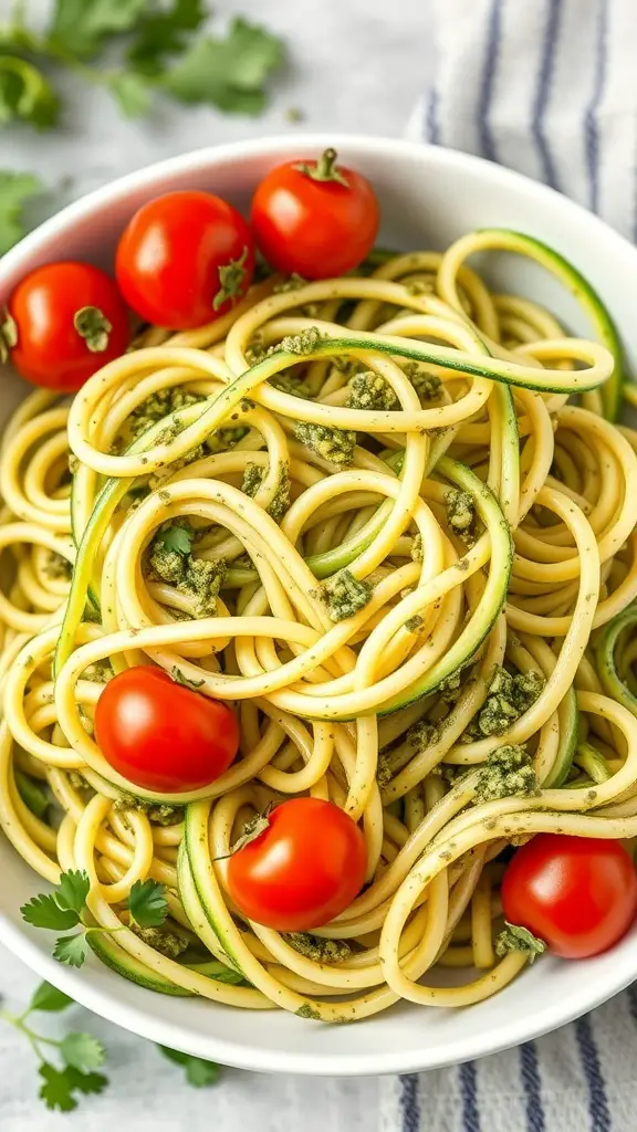 A bowl of zucchini noodles with avocado pesto and cherry tomatoes