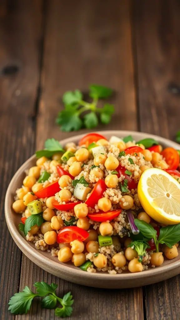 A colorful Chickpea and Quinoa Salad with cherry tomatoes, cucumber, and lemon.