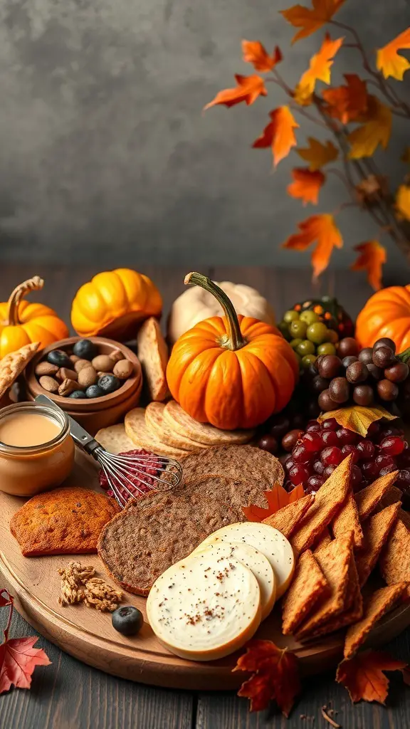 A fall-themed vegan charcuterie board with pumpkins, grapes, and plant-based cheeses.