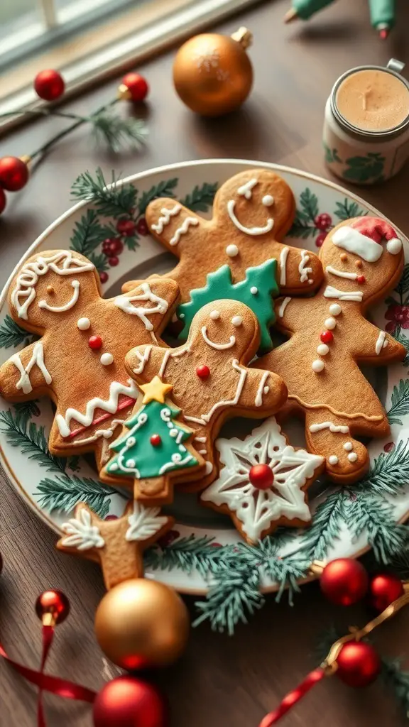 A plate of decorated gingerbread cookies featuring various festive designs.