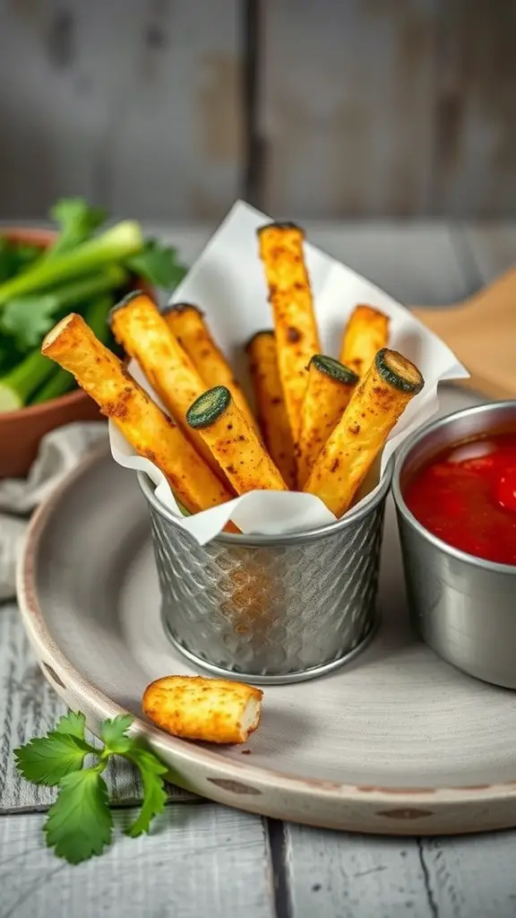 A serving of crispy zucchini fries in a metal container with a side of marinara dip.