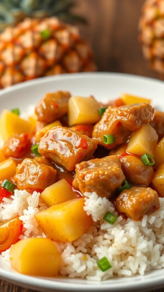 A bowl of sweet and sour pineapple pork served over rice, garnished with green onions, with pineapples in the background.