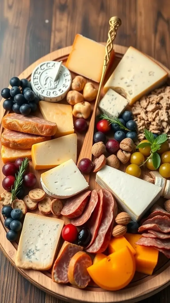 A beautifully arranged cheese and charcuterie board with various cheeses, cured meats, nuts, and fruits.