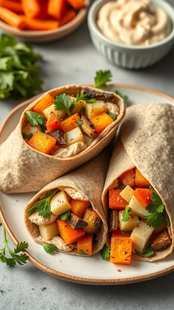 Three roasted vegetable wraps filled with colorful vegetables, served on a plate with carrot sticks and a bowl of dip.