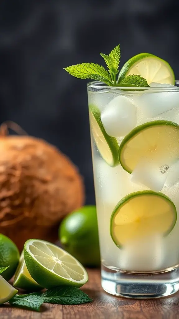 A refreshing coconut lime drink with ice and mint, surrounded by lime slices and a coconut in the background.
