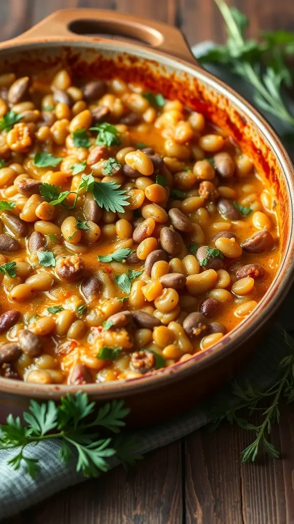 A hearty lentil and vegetable casserole with beans and herbs in a baking dish.
